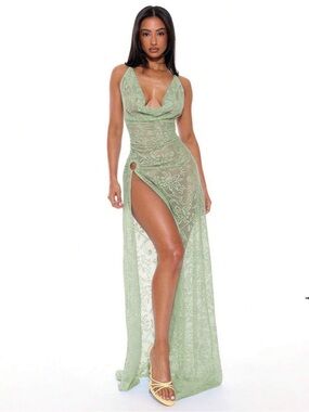 Sleeveless Sage Green Lace High-Slit Maxi Dress
